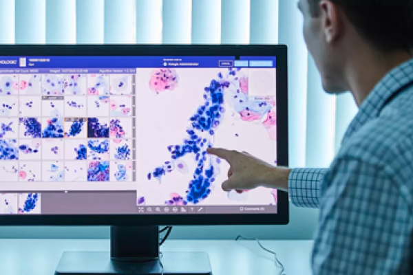 Vårdgivare som ser på undersökningsbilder på monitorskärm