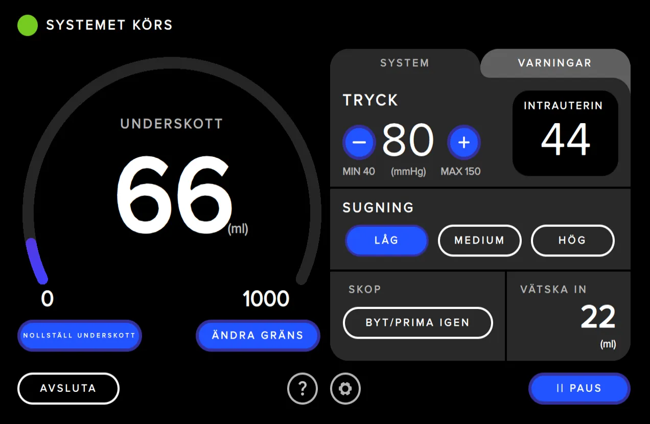 Skärmbild från Fluent Pro Fluid Management System-gränssnittet som visar sugkontrollen.