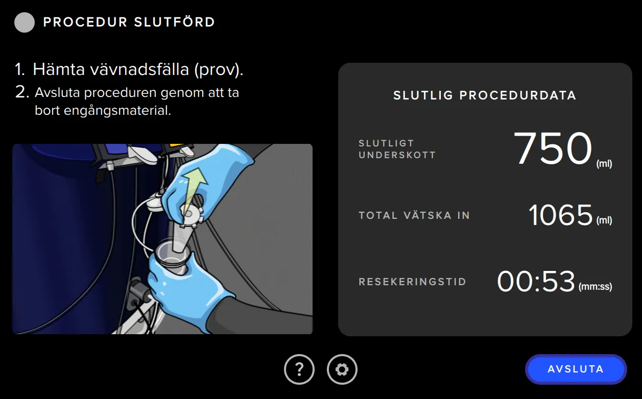 Skärmdump från Fluent Pro Fluid Management System-gränssnittet som visar procedursammanfattningen.