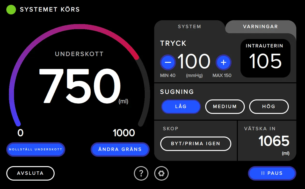 Skärmbild från Fluent Pro Fluid Management System-gränssnittet som visar tryckvisning.