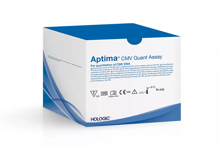 Bild av Aptima® CMV Quant Assay-förpackning mot vit bakgrund